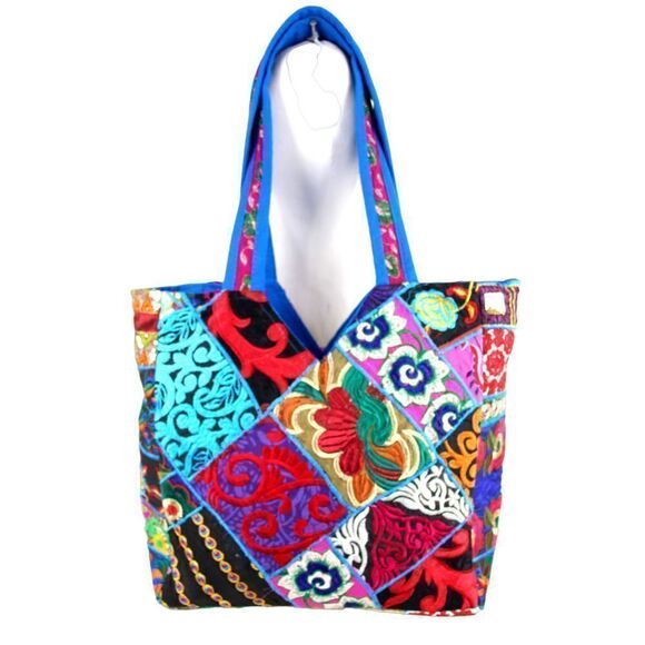 HANDCRAFTED Tribe Azure MULTICOLOR PATCHWORK TOTE SHOULDER BAG HANDBAG PURSE - Picture 5 of 14